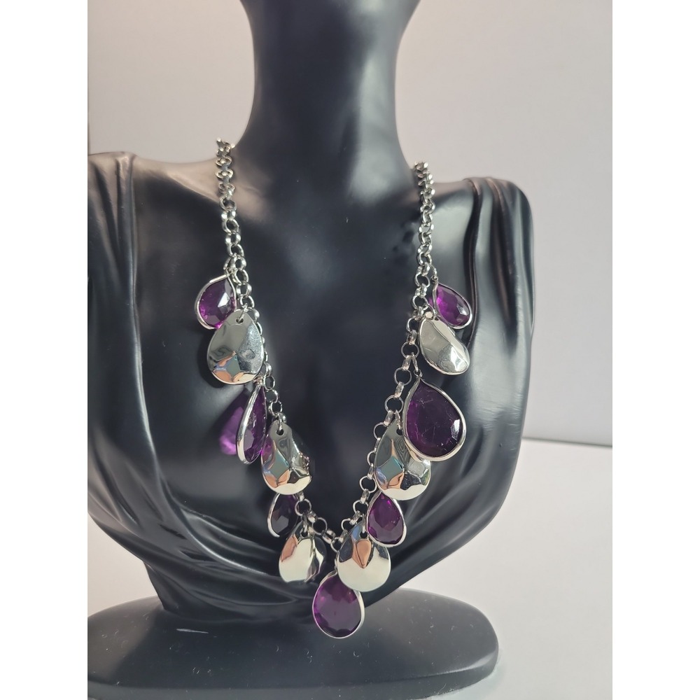 Silver Tone Purple Faceted Teardrop Statement Necklace Hammered Dangle Bib Jewel